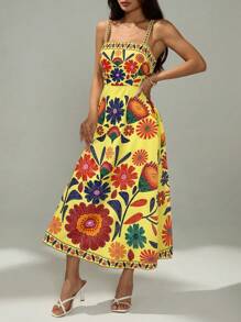 SHEIN PETITE 女式无袖收腰A字型花卉印花度假休闲连衣裙，春夏 - 黃色 - 查看 4