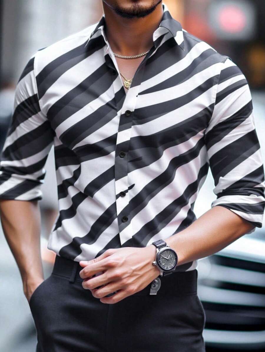 Calvornis قميص رجالي كاجوال أعمال بطباعة رقمية مخططة وتلوين كتل طويل الأكمام - متعدد الألوان - مشاهدة 1