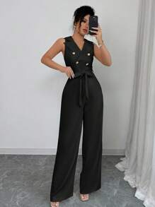 Elenzga 新款优雅休闲领口双排扣系腰女式连体裤，无袖修身款，春夏 - 黑色 - 查看 3