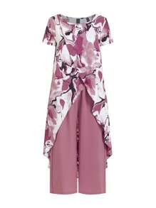 Ellevyn Women's Elegant Design 2pcs Set Round Neck Short Sleeve Allover Print Split Top And Comfortable Wide-Leg Pants - Multicolor - View 7
