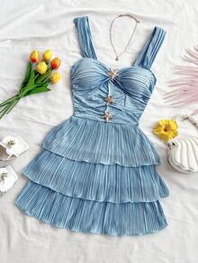 Soleia 度假绿色牙签褶饰金属海星镂空荷叶迷你背心裙 - 藍色 - 查看 4