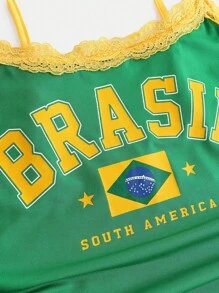 Girlism TEENGIRL 夏季撞色字母印花运动修身吊带背心和短裤两件套，牙买加图案印花套装，运动休闲套装