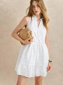 Écloséra 法式复古荷叶边领无袖半扣A字连衣裙，白色刺绣镂空设计女装