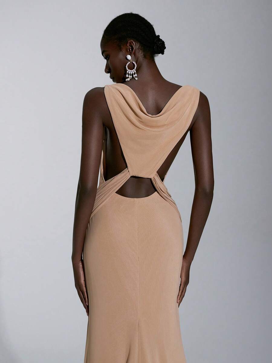 Elitara Elegante vestido de dama de honor de lujo con cuello redondo, espalda descubierta y bajo de cola de pez en malla color caqui