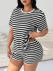 SHEIN CURVE+ Bộ đồ hai mảnh kẻ sọc đen trắng, thoải mái cho mùa xuân/hè. - Đen và trắng - Xem 3