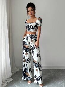 Selianne 2pcs Women Floral Print Cropped Top And Straight Leg Pants Set - Multicolor - View 4