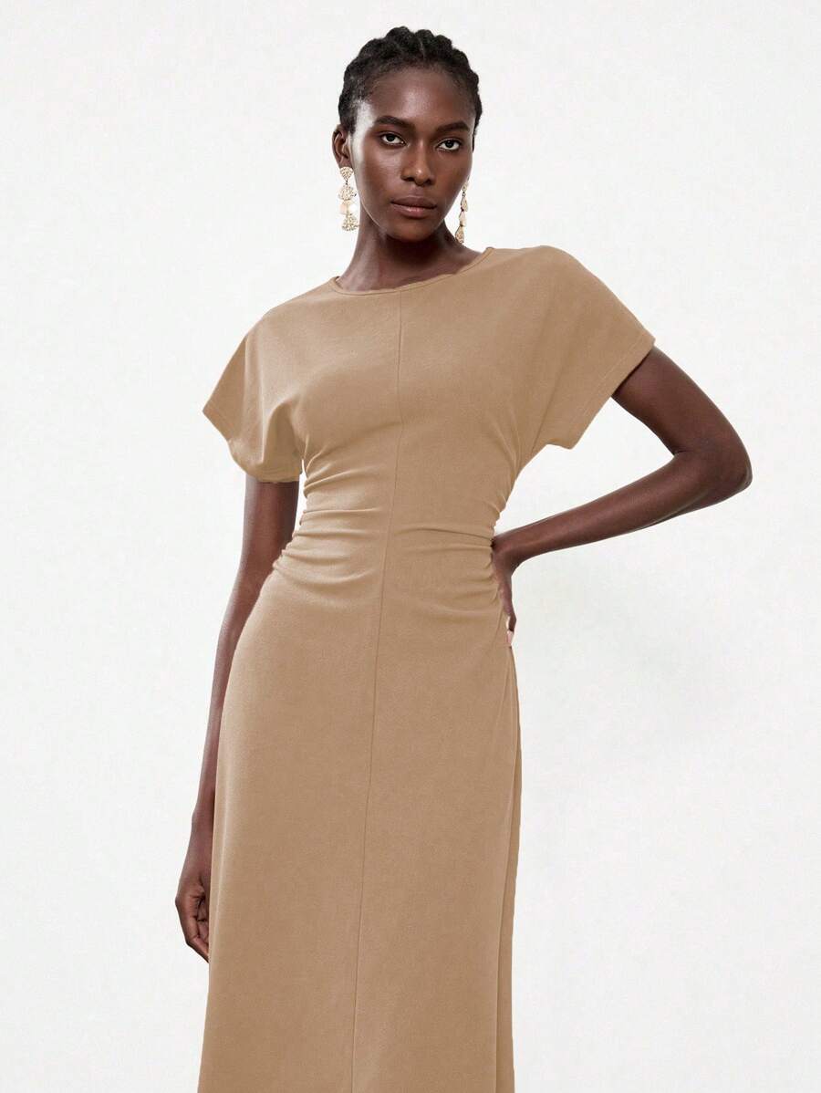 Lumivelle Women Pleated Round Neck Batwing Sleeve Dress - Mocha Brown - View 1