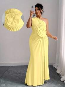 Elenzga Plus Size Women 3D Floral Print Asymmetrical Neck Midi Dress