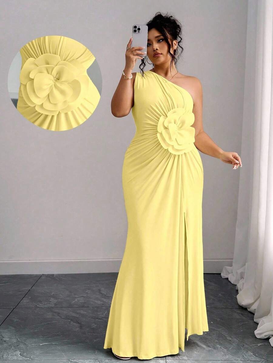 Elenzga Plus Size Women 3D Floral Print Asymmetrical Neck Midi Dress