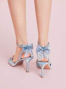 CUCCOO DOLLMOD Women's Blue Satin Faux Pearl & Butterfly Decor Cute Elegant Ankle Strap Round Toe Heeled Sandals - Blue - View 4