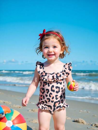 Infant Girls' Cute Leopard Print Print Ruffle Trim One-Piece Swimsuit