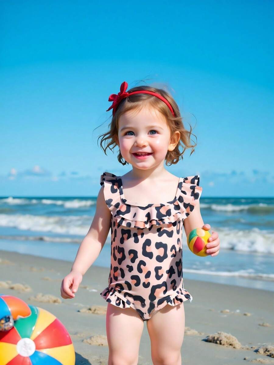 Infant Girls' Cute Leopard Print Print Ruffle Trim One-Piece Swimsuit - Multicolor - View 1