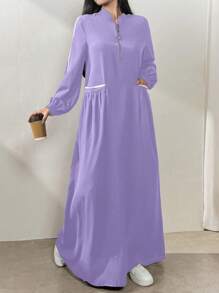 Al Najma Women's Zipper Long Sleeve Fashion Pockets Gentle & Elegant Arabian Style Dress, Casual Sporty For Casual Daily/Work/Back To School, Maxi Length Arabian Dresses