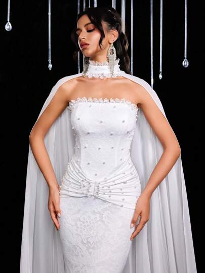 Glamrae Elegant, Glamorous, Romantic, And Stylish White Lace-Crocheted Stretch Satin Strapless Dress With An Open Back And An Adjustable Shawl. Suitable For Formal Occasions, Wedding Parties, Bridal Gowns, And Elaborate Wedding Dresses.