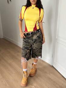 Coolane 女式夏季街头时尚高领修身图案弹力足球黄色球衣 T 恤 - 彩色 - 查看 4