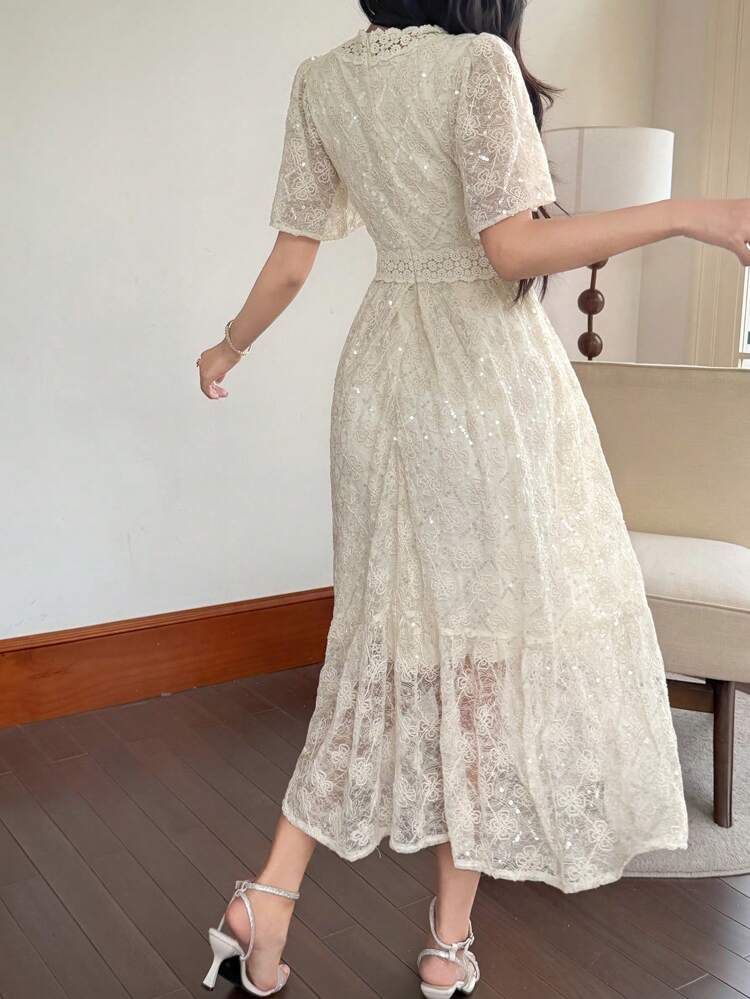 French Style Lace Square Neck Loose Cinched Waist Dress For Women, Summer