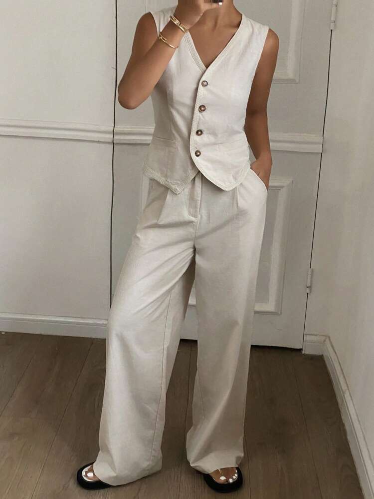 Women's 2 Pieces Set - V-Neck Sleeveless Top And Long Pants, Elegant Solid Color Summer Outfit