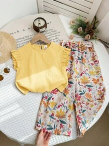 LMoss Kids 2 Stücke Baby Mädchen Set aus gewebtem einfarbiges gerüschtem Top und lässiger Hose mit kleinen Blumen Muster