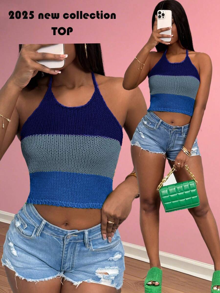 Slaydiva Suéter de punto con cuello halter sin espalda y parches de colores contrastantes para mujer - Azul - View 1