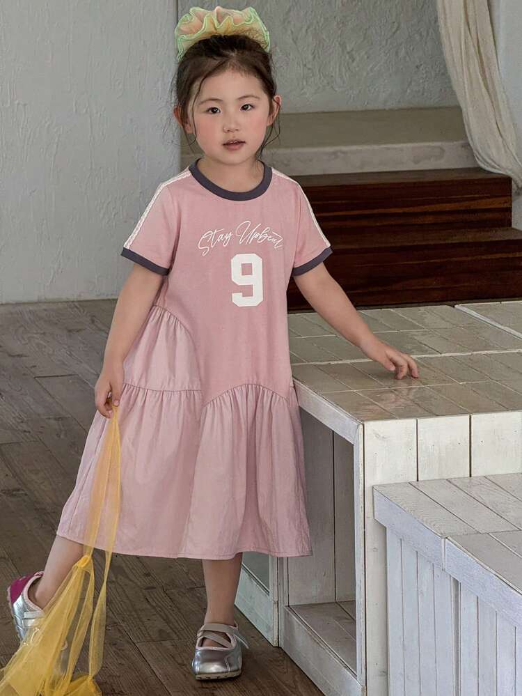 Young Girls Round Neck Summer Casual Street Print Short Sleeve Mid-Length Dress