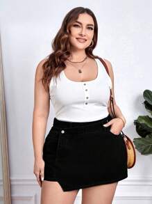 EMERY ROSE 大码夏季休闲不对称牛仔裙短裤 - 黑色 - 查看 5