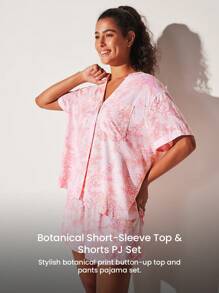 Conjunto de pijama informal de pantalón corto y blusa de manga corta con botones y estampado floral en tela de rayón suave, ideal para vacaciones. Conjunto de ropa interior tipo bóxer para novia, perfecto para primavera y verano. - Rosa - Ver 8