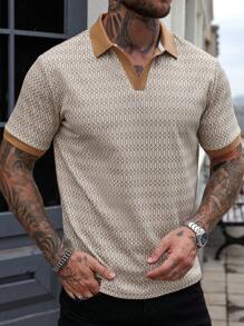 Manfinity Homme 男士时尚撞色V领纹理矩形图案提花休闲Polo衫 - 彩色 - 查看 5