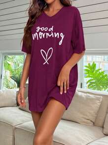 Women's Casual Slogan & Heart Print Drop Shoulder Nightdress - Red Violet - View 1