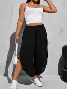 SHEIN Essnce Quần ống rộng thời trang xuân hè cho nữ cỡ lớn, rộng rãi và thoải mái hàng ngày, đa năng, mát mẻ, xẻ tà cao, cạp chun, quần ống rộng màu đen, quần lửng, quần nữ, quần rộng thùng thình, trang phục đi nghỉ, trang phục đi biển cho phụ nữ, quần ống cong - màu đen - Xem 5