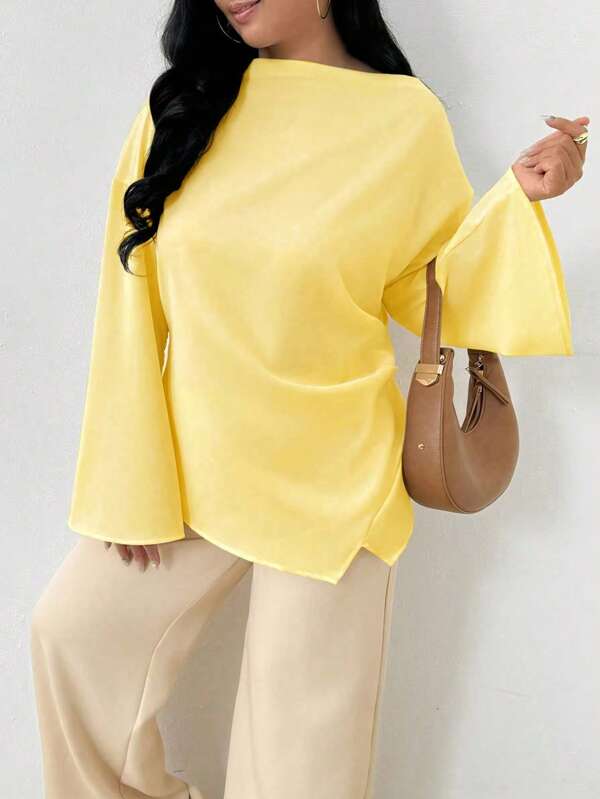 INAWLY Blouse élégante avec encolure en forme de coupe et volants de couleur unie pour femmes grande taille
