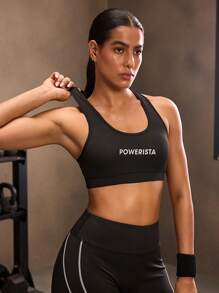 Powerista 女士字母印花交叉后背运动文胸 - 黑色 - 查看 5