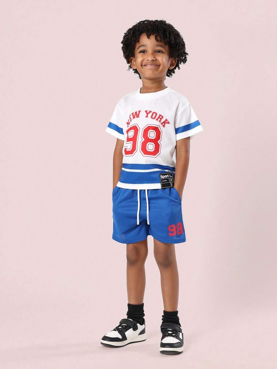 SUMWON Kinder Sommer Sport Grafik Koordinationsset NY Nummer 98 Baseball Stil Kurzarm Jersey Top Kordelzug Shorts Urlaubs Spielkleidung