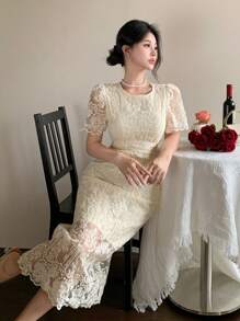 DAZY 女士优雅蕾丝圆领泡泡袖中长连衣裙，夏季返校季长款连衣裙 - 杏色 - 查看 6