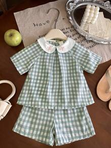 SHEIN Vintaside Kids 2件套女婴新生儿优雅公主风彼得潘领上衣+短裤套装，春夏款 - 綠色 - 查看 9