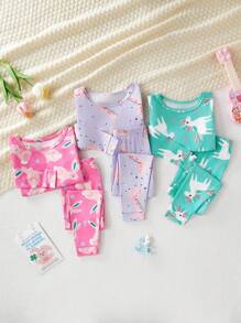 Young Girl' Round Neck Long Sleeve Allover Print Casual Top And Pants Set