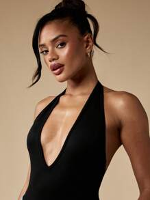 MISSGUIDED Body de cuello en V pronunciado con escote halter, sin espalda, para ocasiones de noche, cóctel, fiesta, club, festival, de diseño de alta moda y ajuste ceñido