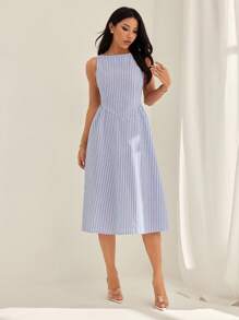 SHEIN PETITE Women's Casual Striped Sleeveless Dress, Summer - Blue and White - View 5