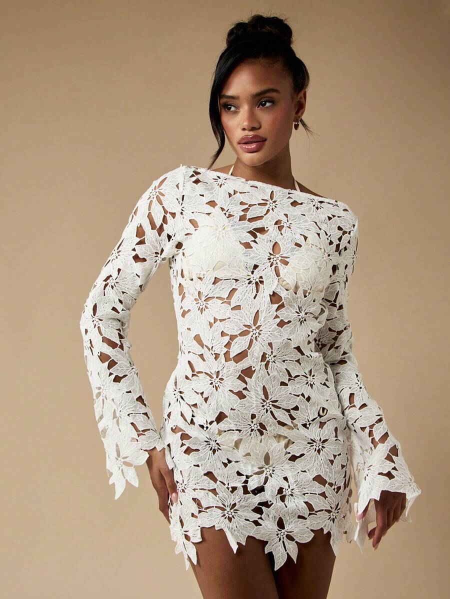 MISSGUIDED 花卉蕾丝长袖迷你连衣裙节日派对婚宴优雅波西米亚风钩针秋冬特殊场合镂空设计 - 白色 - 查看 1