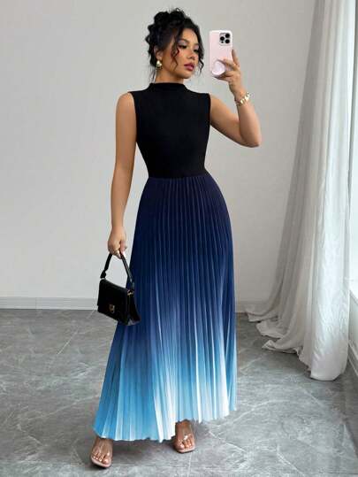 Selianne Elegant Casual Sleeveless Black Gradient Pleat Splice Dress For Women