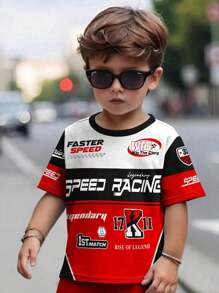 SHEIN 年轻男孩休闲简约时尚经典酷赛车文化图案圆领宽松短袖 T 恤，适合夏季 - 彩色 - 查看 1