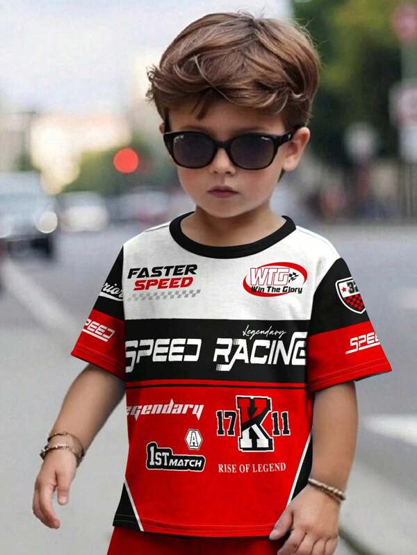 SHEIN Young Boy Casual Minimalist Fashion Classic Cool Racing Culture Graphic Round Neck Loose Short Sleeve T-Shirt, Suitable For Summer