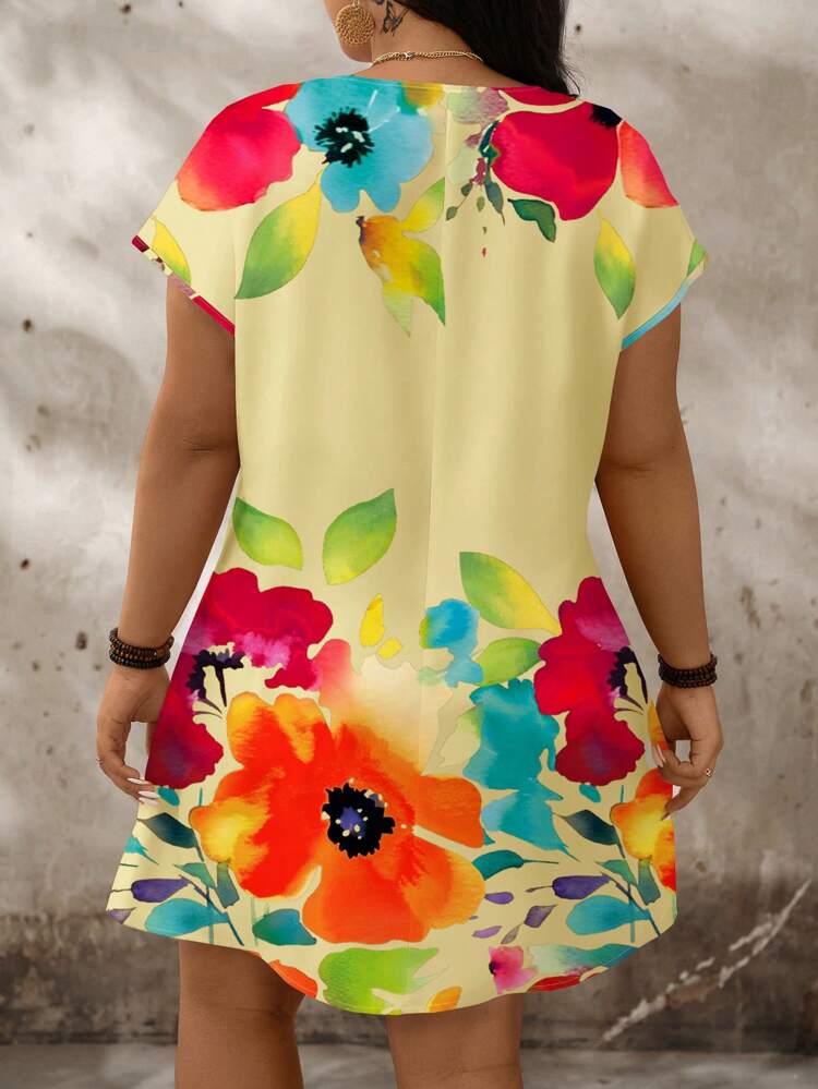 Plus Size Floral Print Notch V-Neck Batwing Sleeve Summer Dress