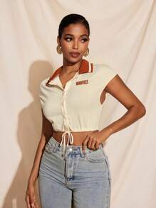 Harviee 罗纹领纽扣蝙蝠袖修身上衣，适合夏季女士度假 - 卡其色 - 查看 1