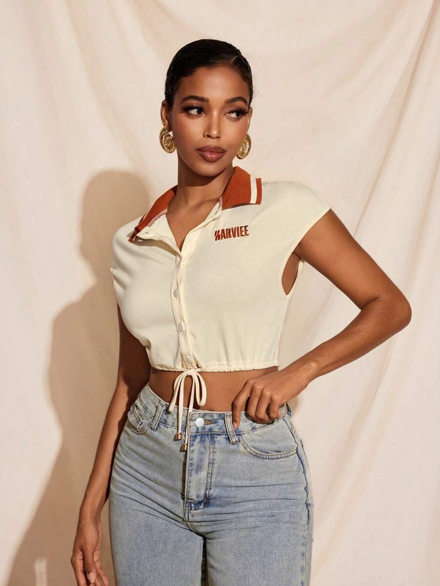 Harviee 罗纹领纽扣蝙蝠袖修身上衣，适合夏季女士度假 - 卡其色 - 查看 1