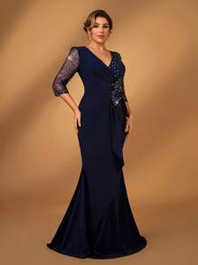 Serin Vestido elegante y romántico de talla grande con escote en V, parches de lentejuelas, tejido de punto, manga media transparente, parche floral, volantes y dobladillo de cola de sirena para ocasión especial de la madre