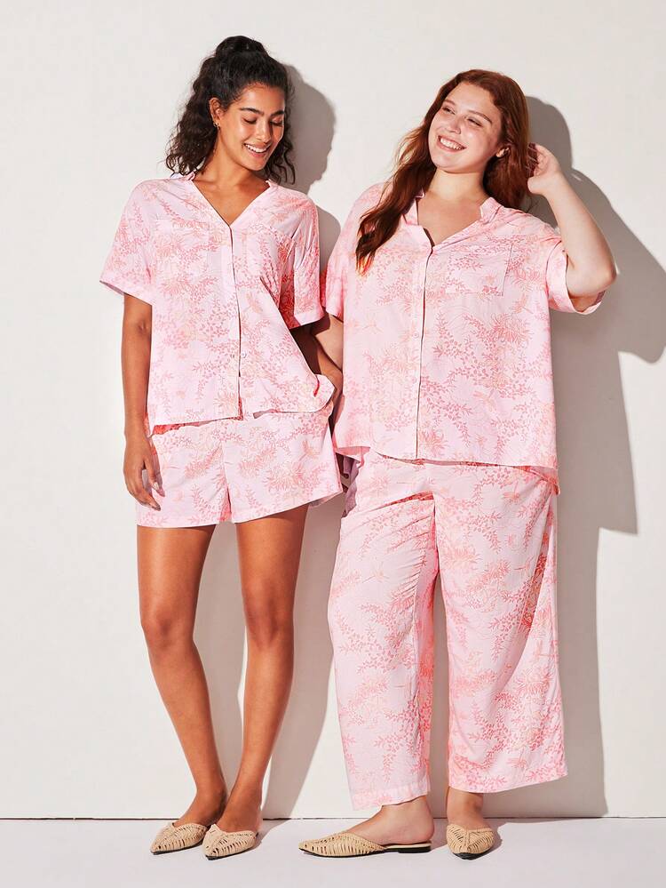 Plus Soft Short-Sleeve Basic Button-Up Top & Pants Loungewear Pajama Set