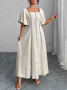 Modelyn Vestido mini de línea A cinturón de cintura de bloques de color, primavera/verano, talla grande - Albaricoque - Ver 1
