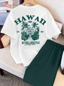 Manfinity Joysei Set de camiseta casual para hombres con patrón de árbol de coco y paisaje de unicolor, adecuado para el verano