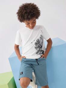 SHEIN Tween Boy Tree & Bird Print Tee & Drawstring Waist Shorts