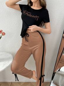 SHEIN Áo thun tay ngắn in họa tiết màu tương phản kết hợp với quần dài trang trí nơ màu tương phản - màu nâu - Xem 4